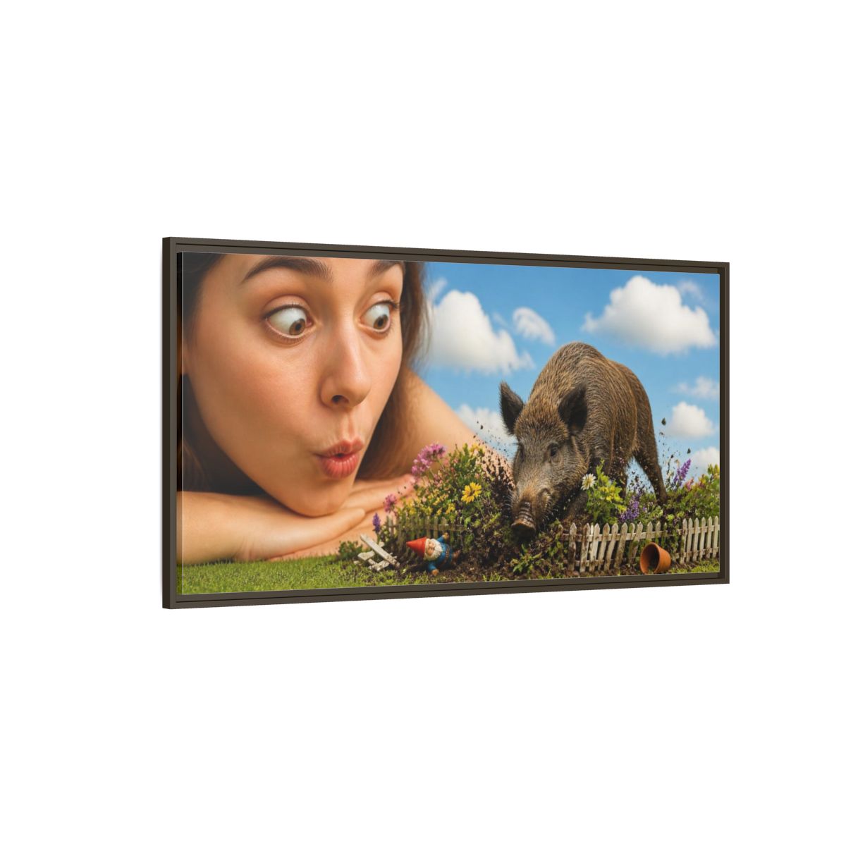 Side Mockup 4. Funny Wild Boar Garden Surprise shown as framed canvas print
