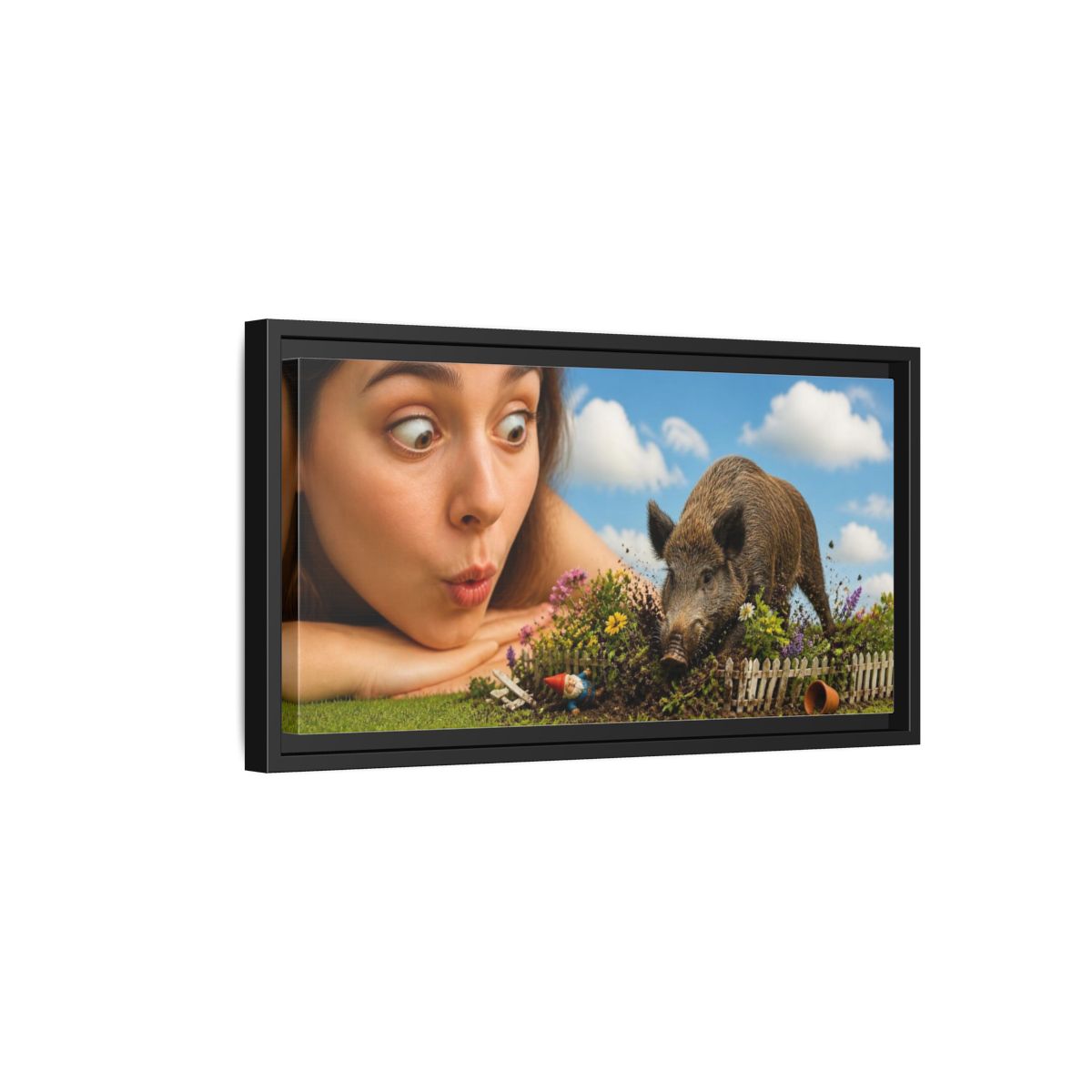 Side Mockup 8. Funny Wild Boar Garden Surprise shown as framed canvas print
