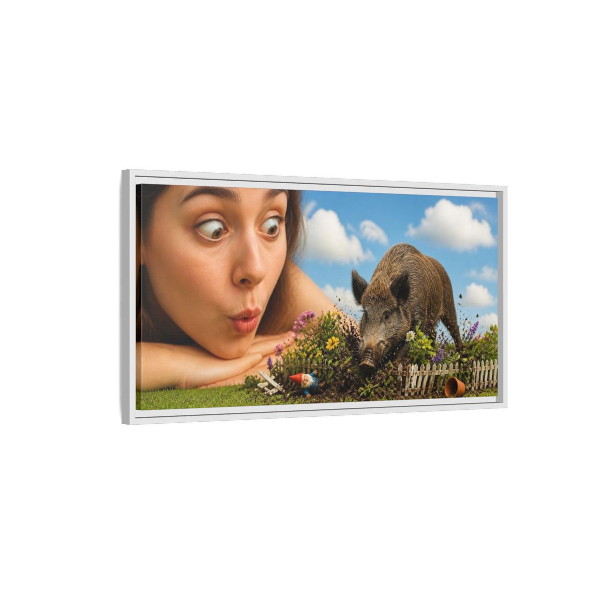 Side Mockup 1. Funny Wild Boar Garden Surprise shown as framed canvas print