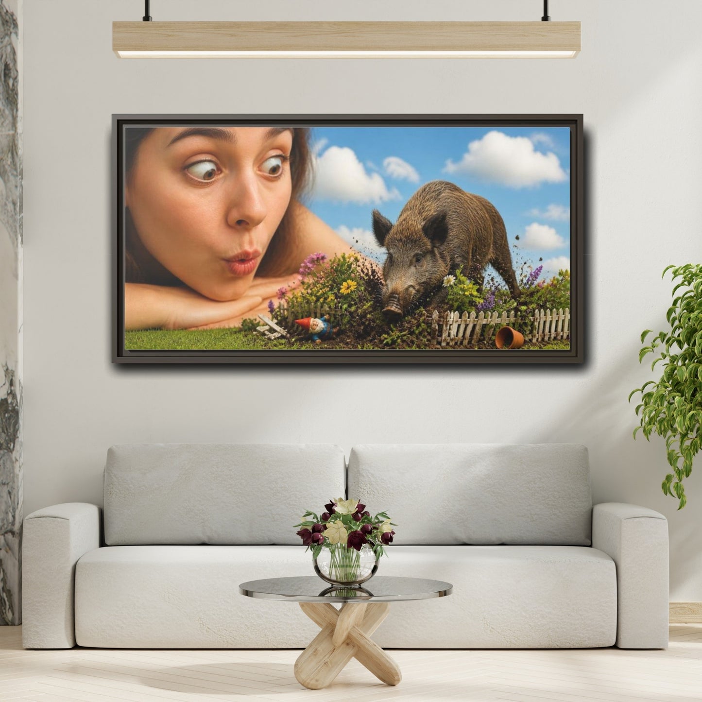 Mockup 2. Funny Wild Boar Garden Surprise shown as framed canvas print