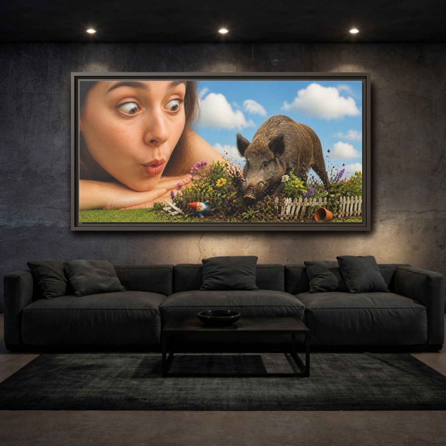 Mockup 3. Funny Wild Boar Garden Surprise shown as framed canvas print