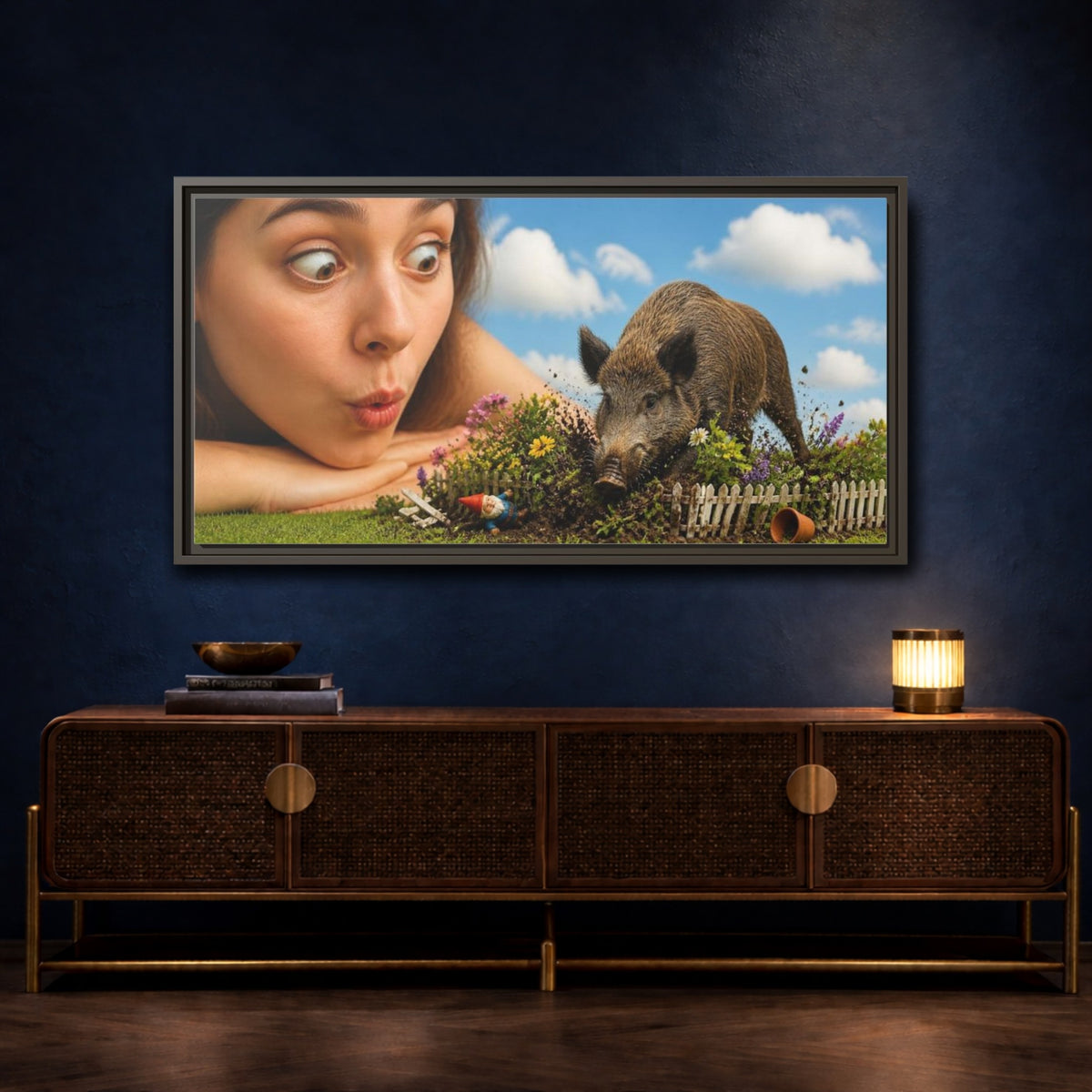 Mockup 4. Funny Wild Boar Garden Surprise shown as framed canvas print