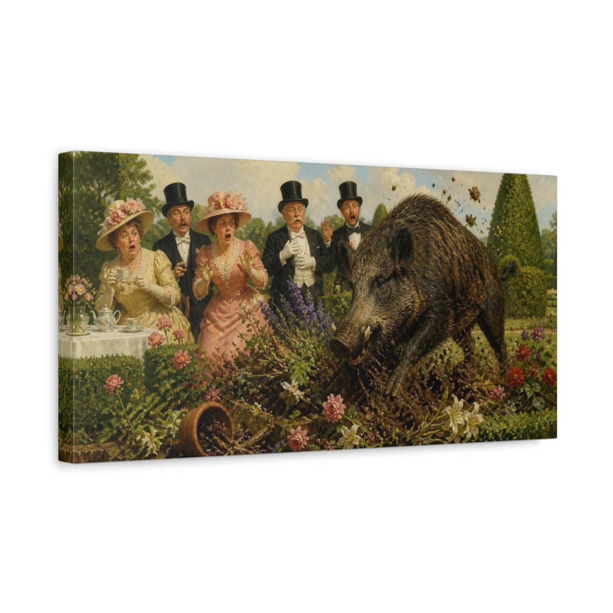Funny Wild Boar Tea Party Canvas Print – Living Room, Above Fireplace - YesArtYes