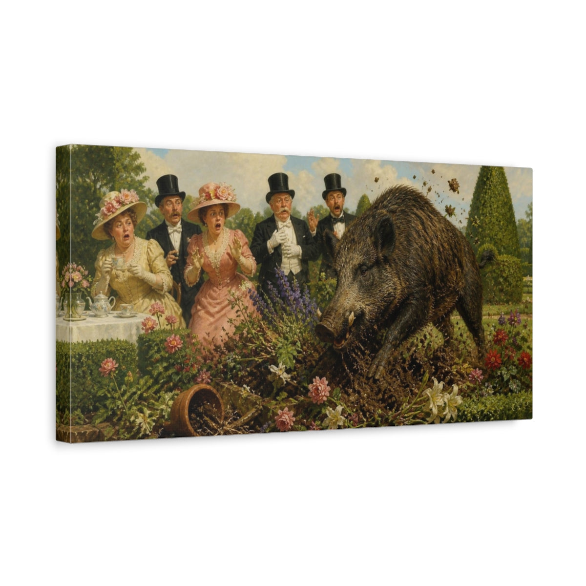 Side Mockup 3. Funny Wild Boar Tea Party shown as canvas print