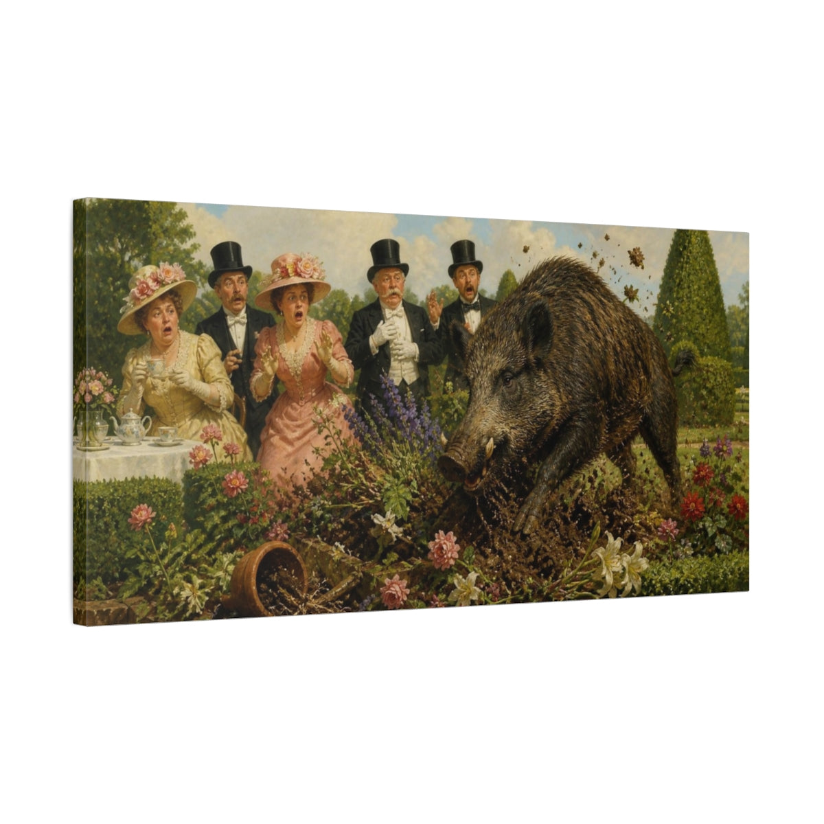 Side Mockup 1. Funny Wild Boar Tea Party shown as canvas print