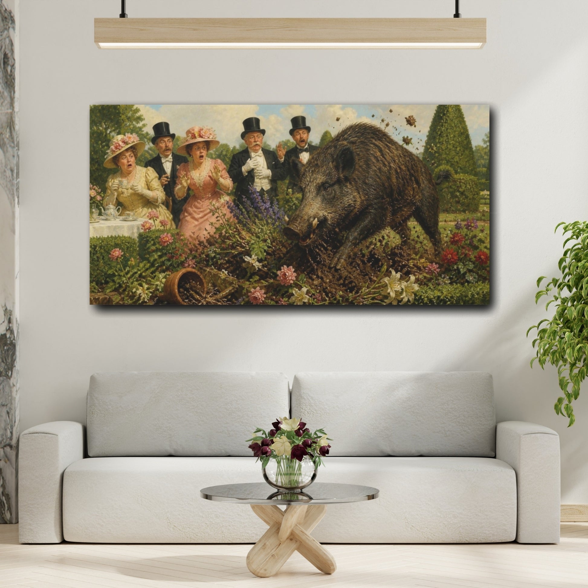 Mockup 2. Funny Wild Boar Tea Party shown as canvas print