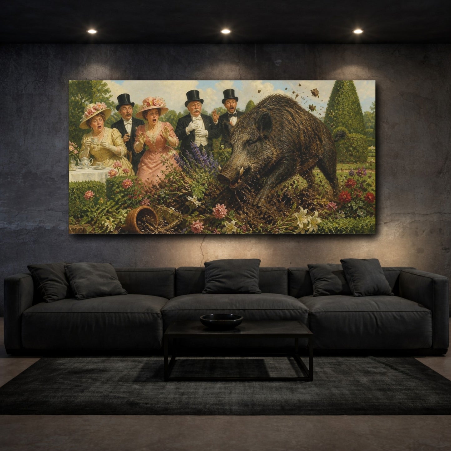 Mockup 3. Funny Wild Boar Tea Party shown as canvas print