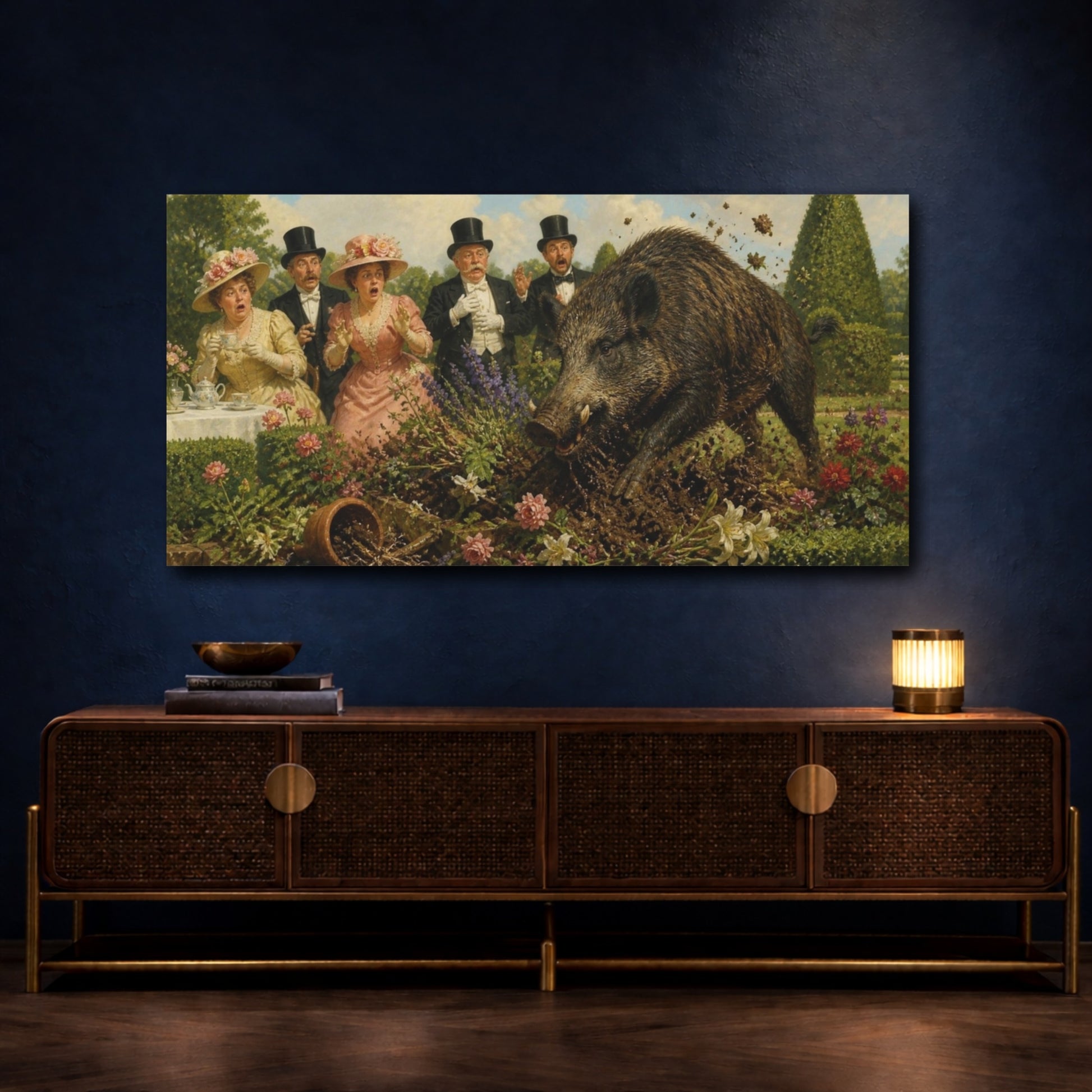 Mockup 4. Funny Wild Boar Tea Party shown as canvas print
