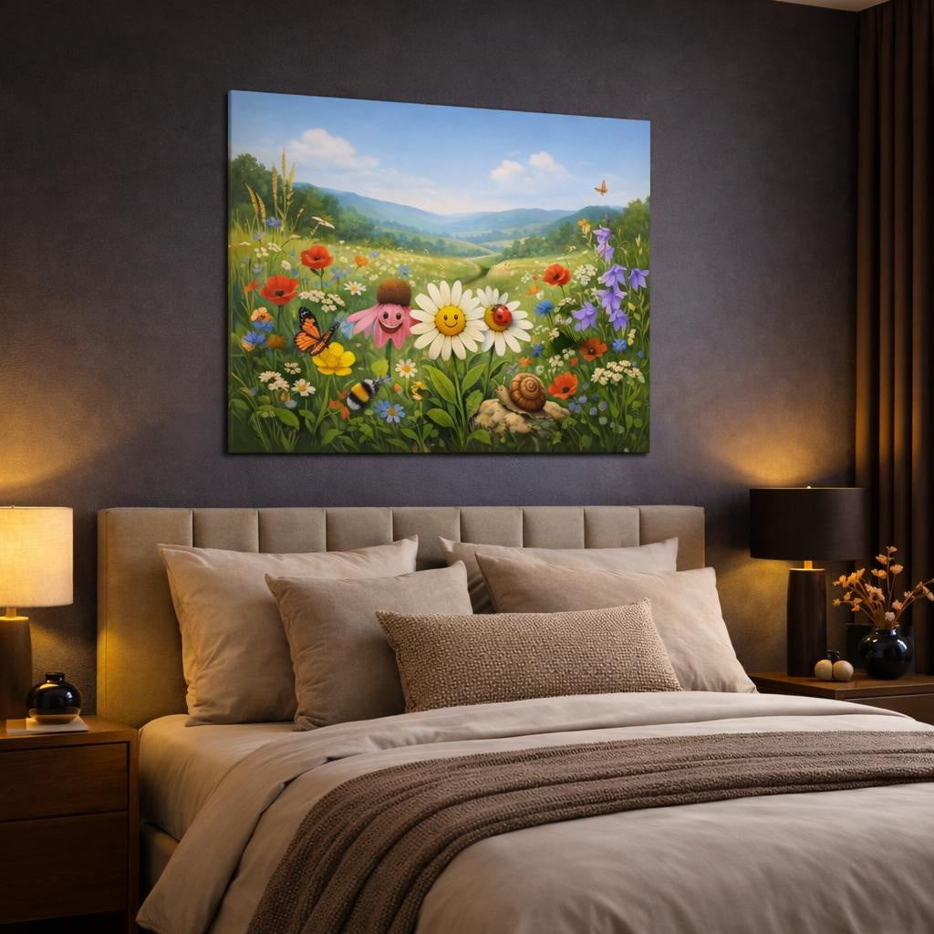 Funny Wildflowers Countryside shown as canvas wall art in a luxury bedroom