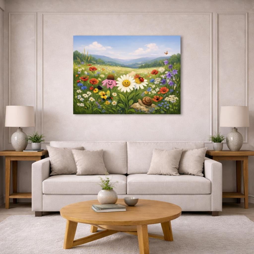 Funny Wildflowers Countryside shown as canvas wall art in a modern living room