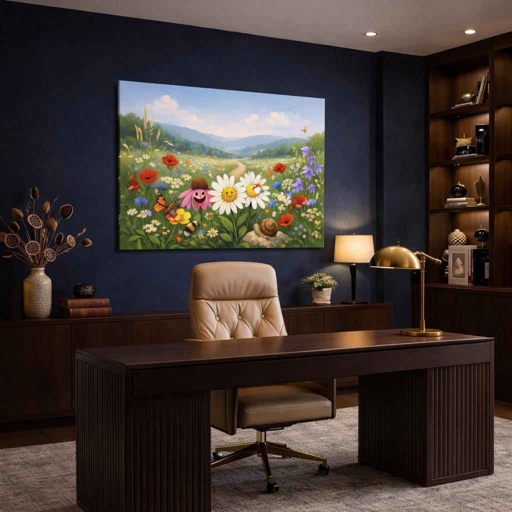 Funny Wildflowers Countryside shown as canvas wall art in a refined dining room