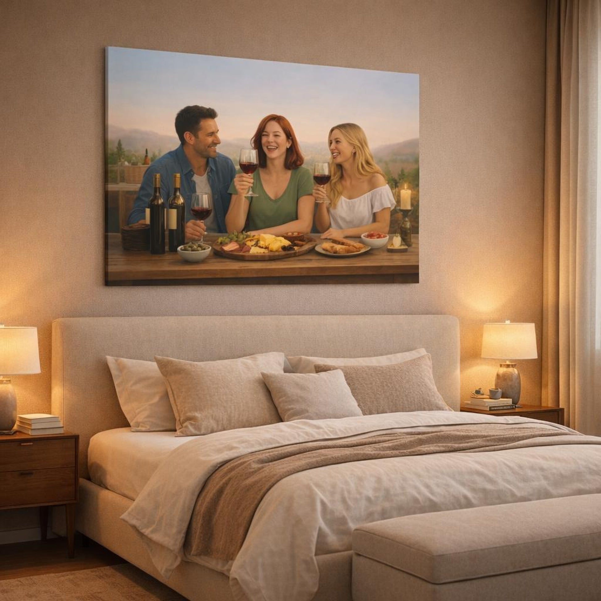 Funny Wine Time shown as canvas wall art in a luxury bedroom