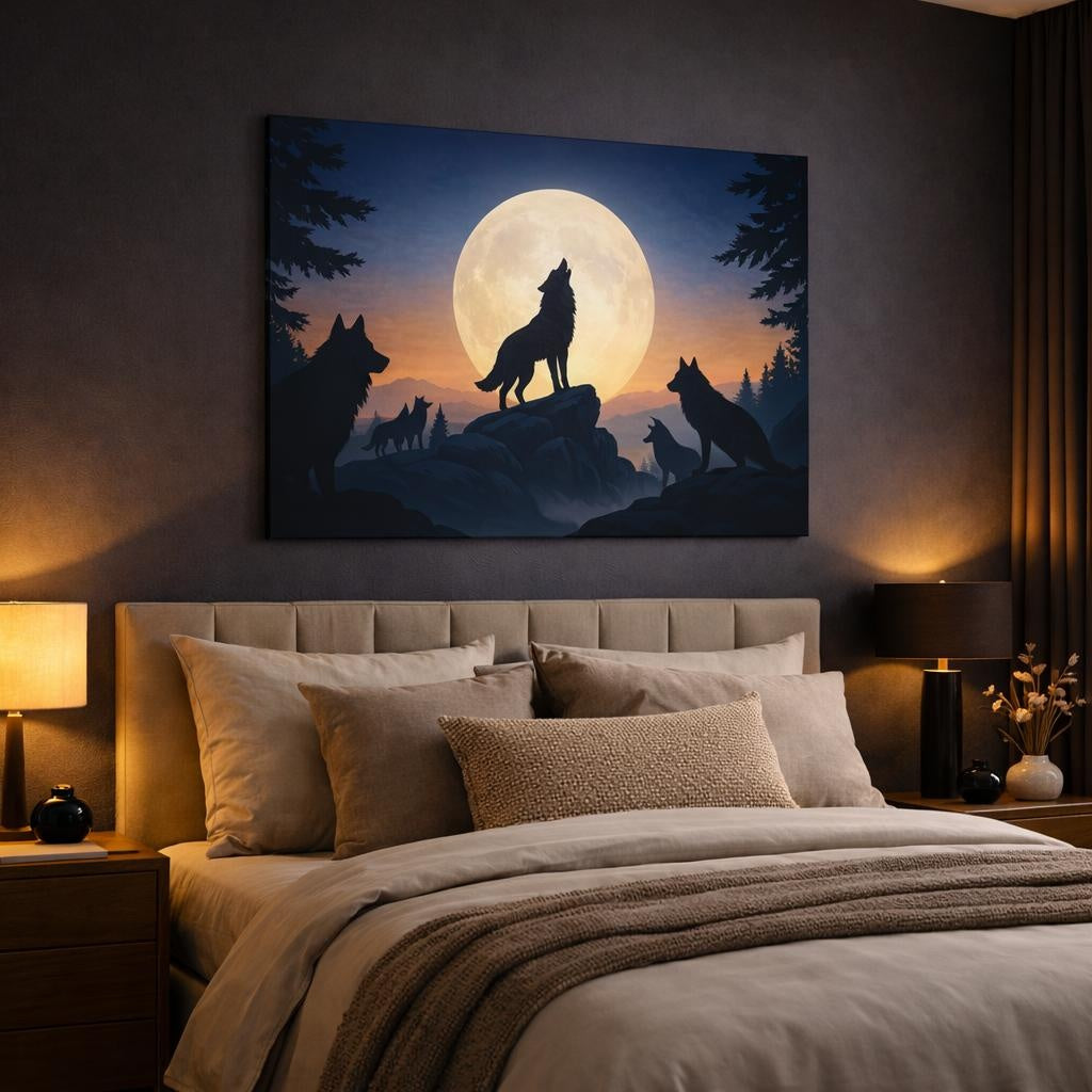 Funny Wolf Pack shown as canvas wall art in a luxury bedroom