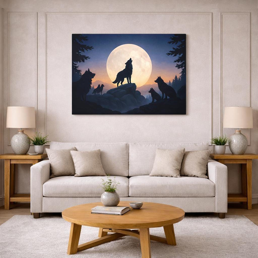 Funny Wolf Pack shown as canvas wall art in a modern living room