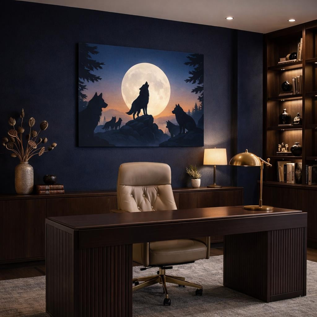 Funny Wolf Pack shown as canvas wall art in a refined dining room