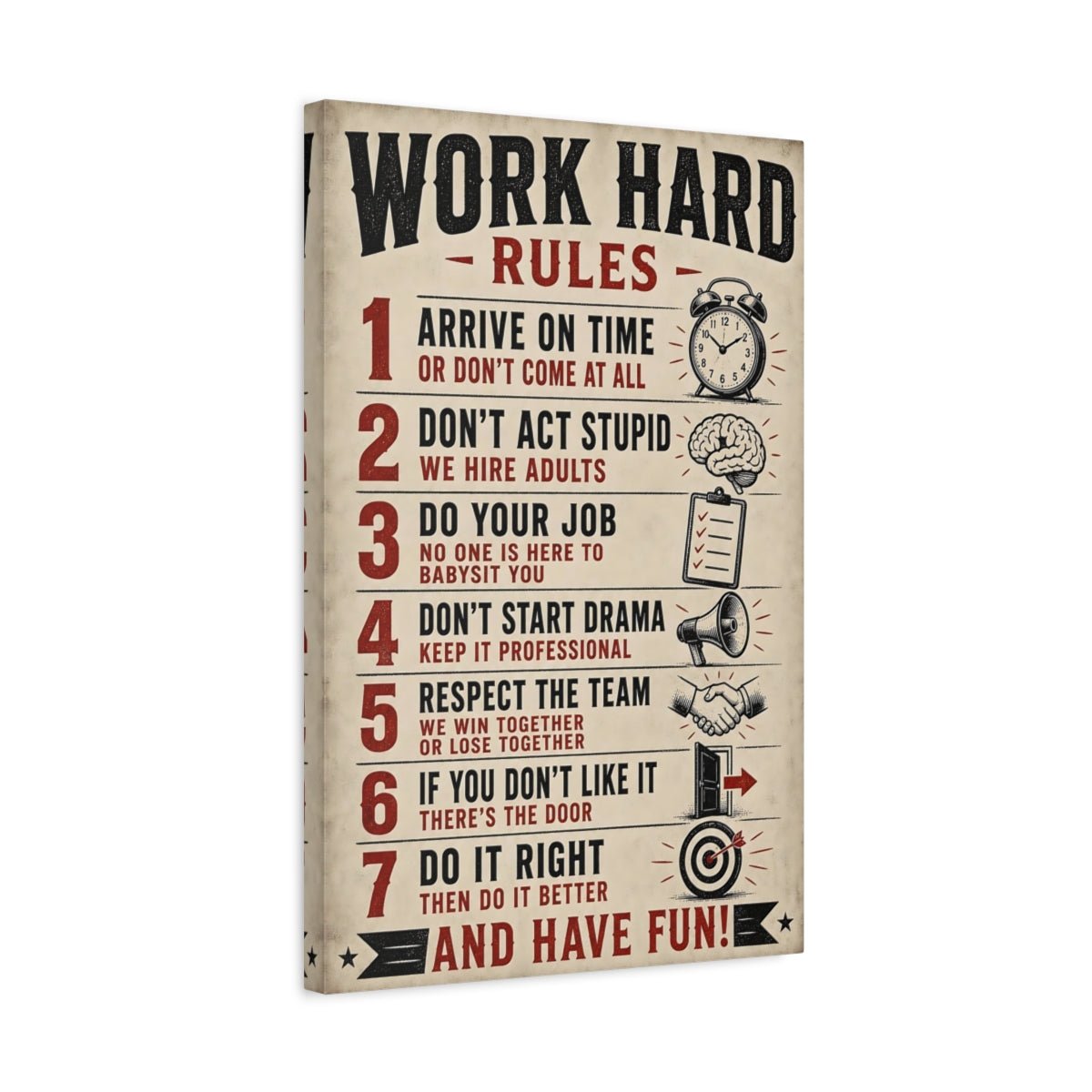 Funny Work Rules Black Red Text Canvas Print – Office, Study Area - YesArtYes