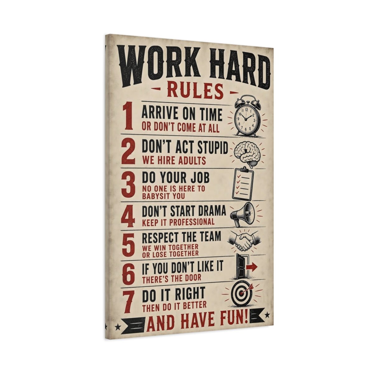 Funny Work Rules Black Red Text Canvas Print – Office, Study Area - YesArtYes