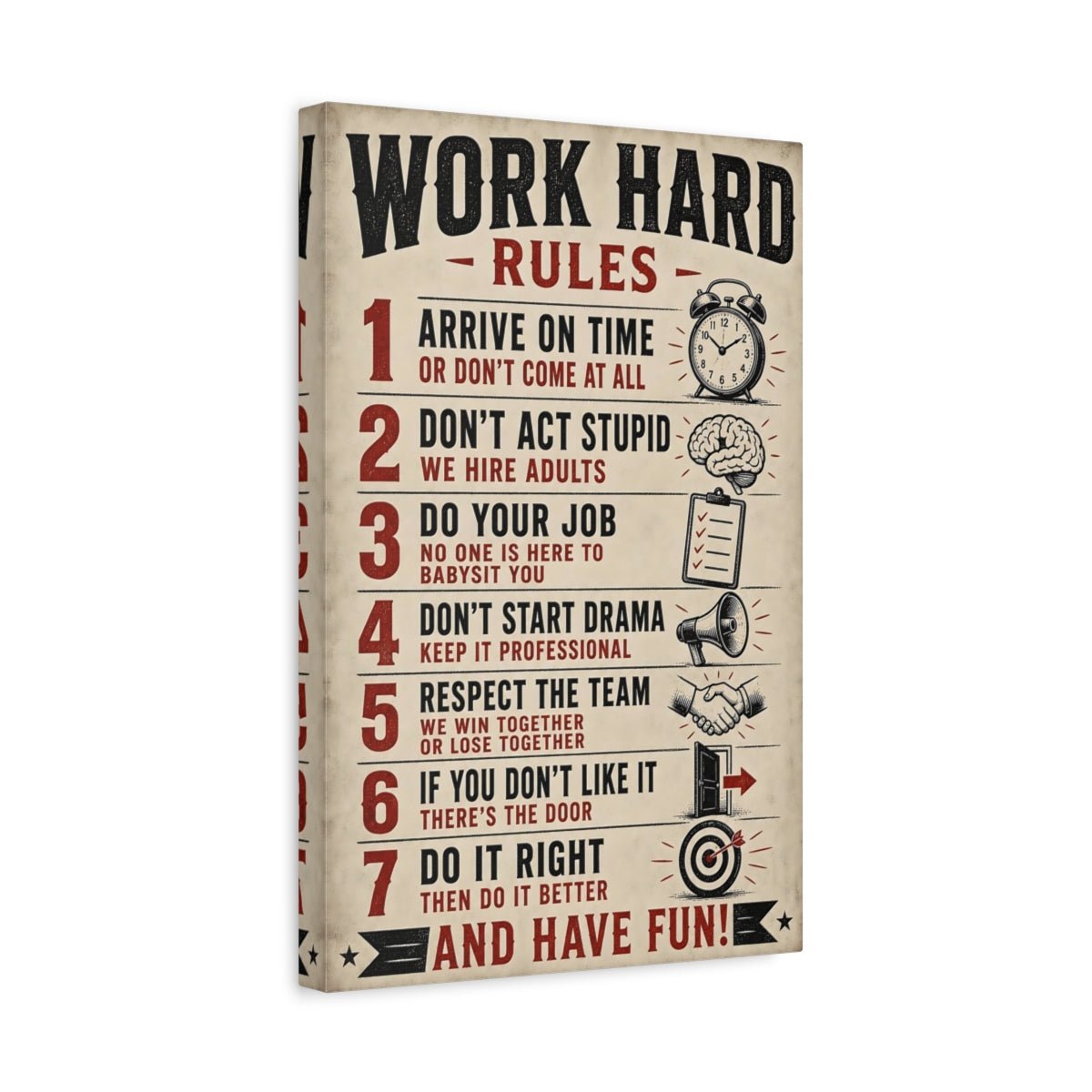 Funny Work Rules Black Red Text Canvas Print – Office, Study Area - YesArtYes