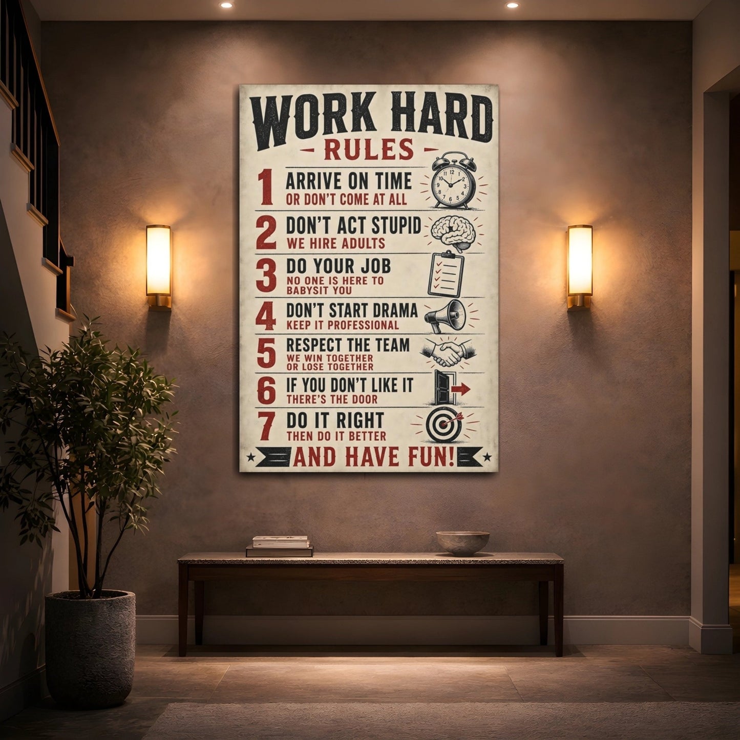 Funny Work Rules Black Red Text Canvas Print – Office, Study Area - YesArtYes