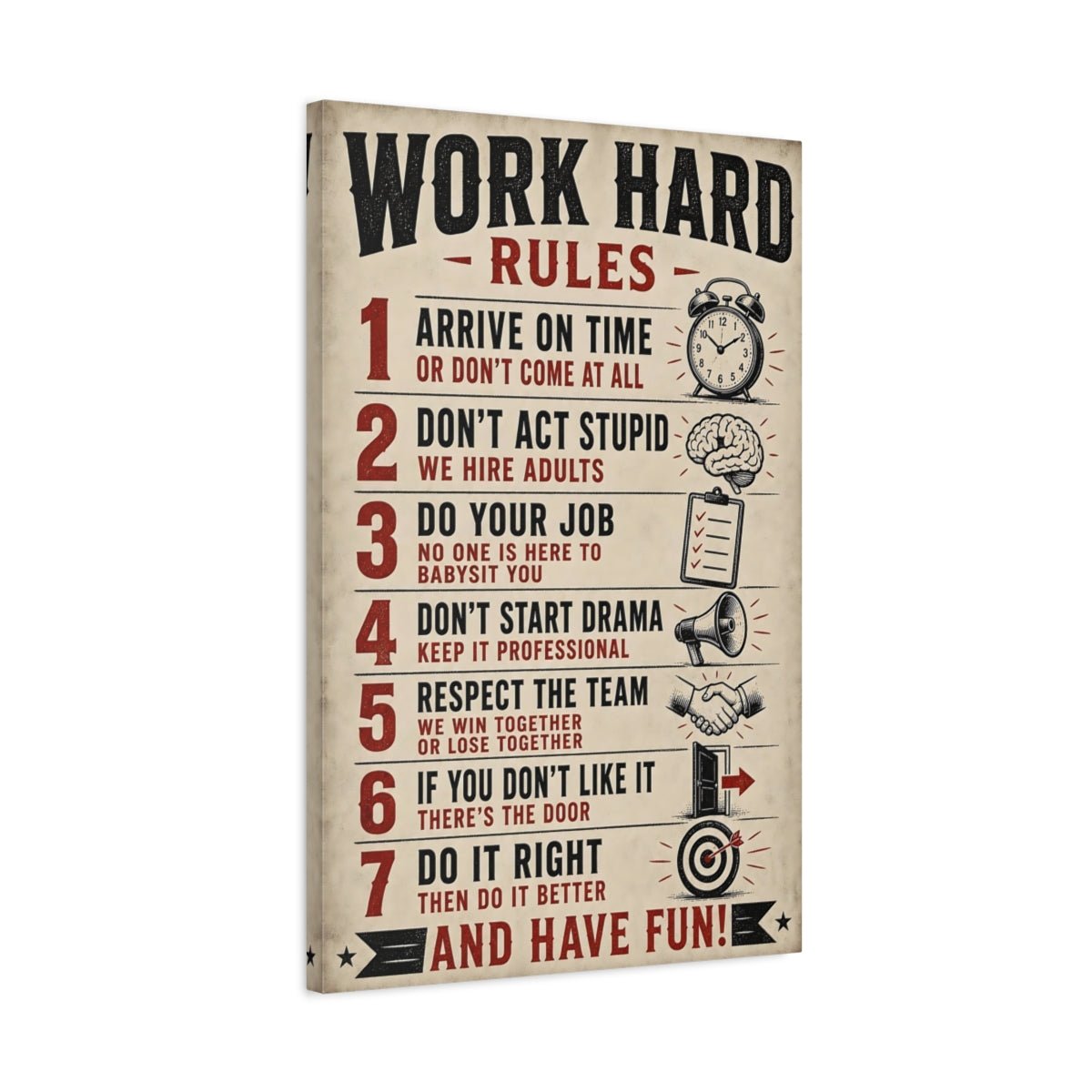 Funny Work Rules Black Red Text Canvas Print – Office, Study Area - YesArtYes