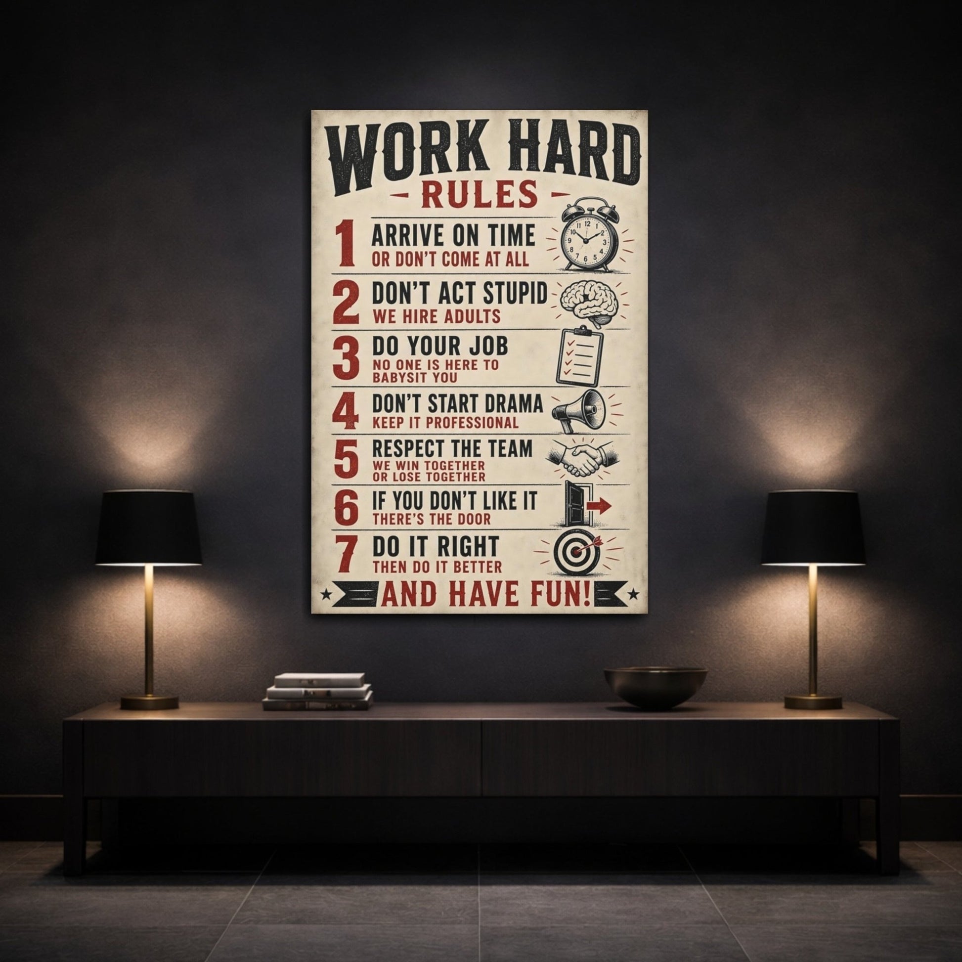 Funny Work Rules Black Red Text Canvas Print – Office, Study Area - YesArtYes