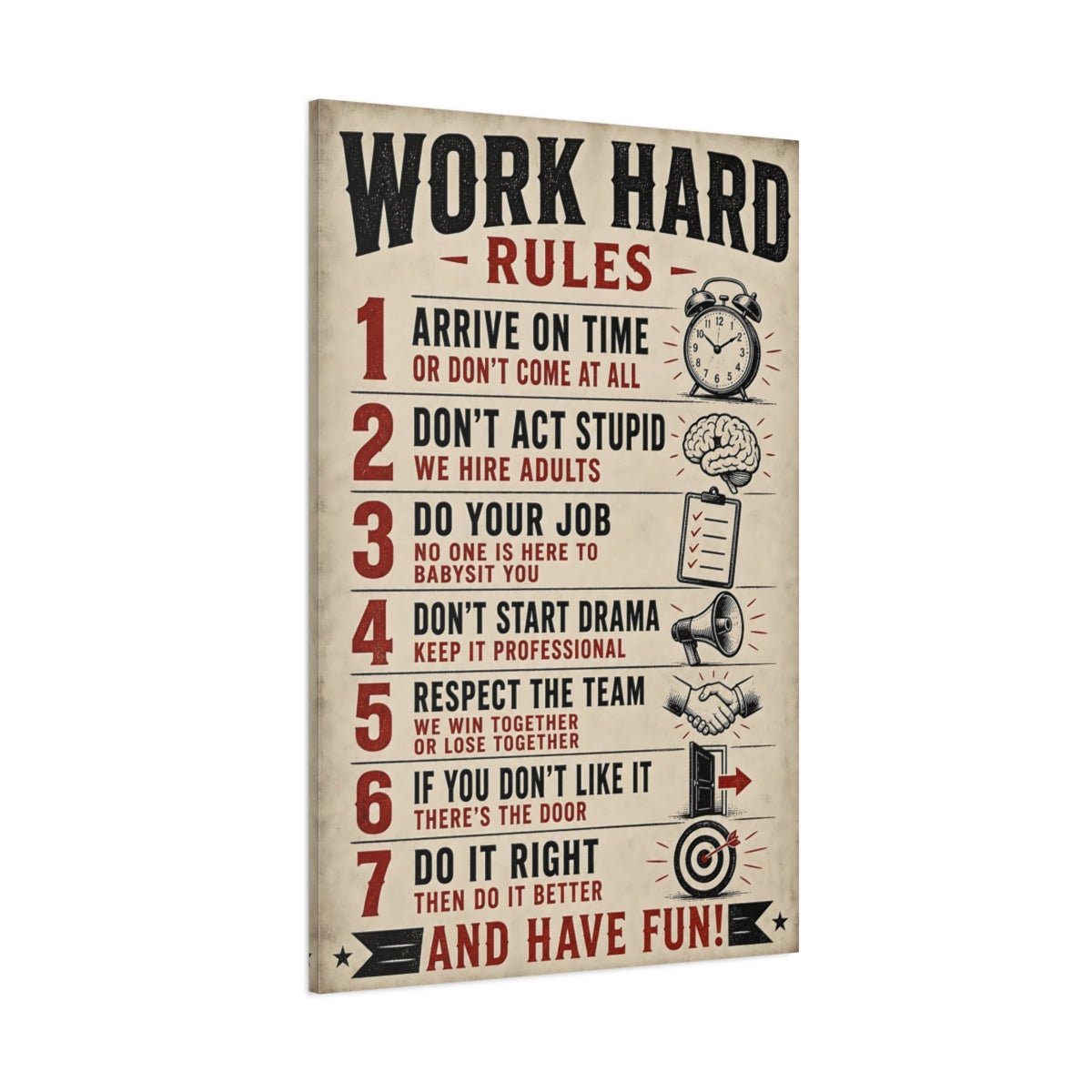Funny Work Rules Black Red Text Canvas Print – Office, Study Area - YesArtYes