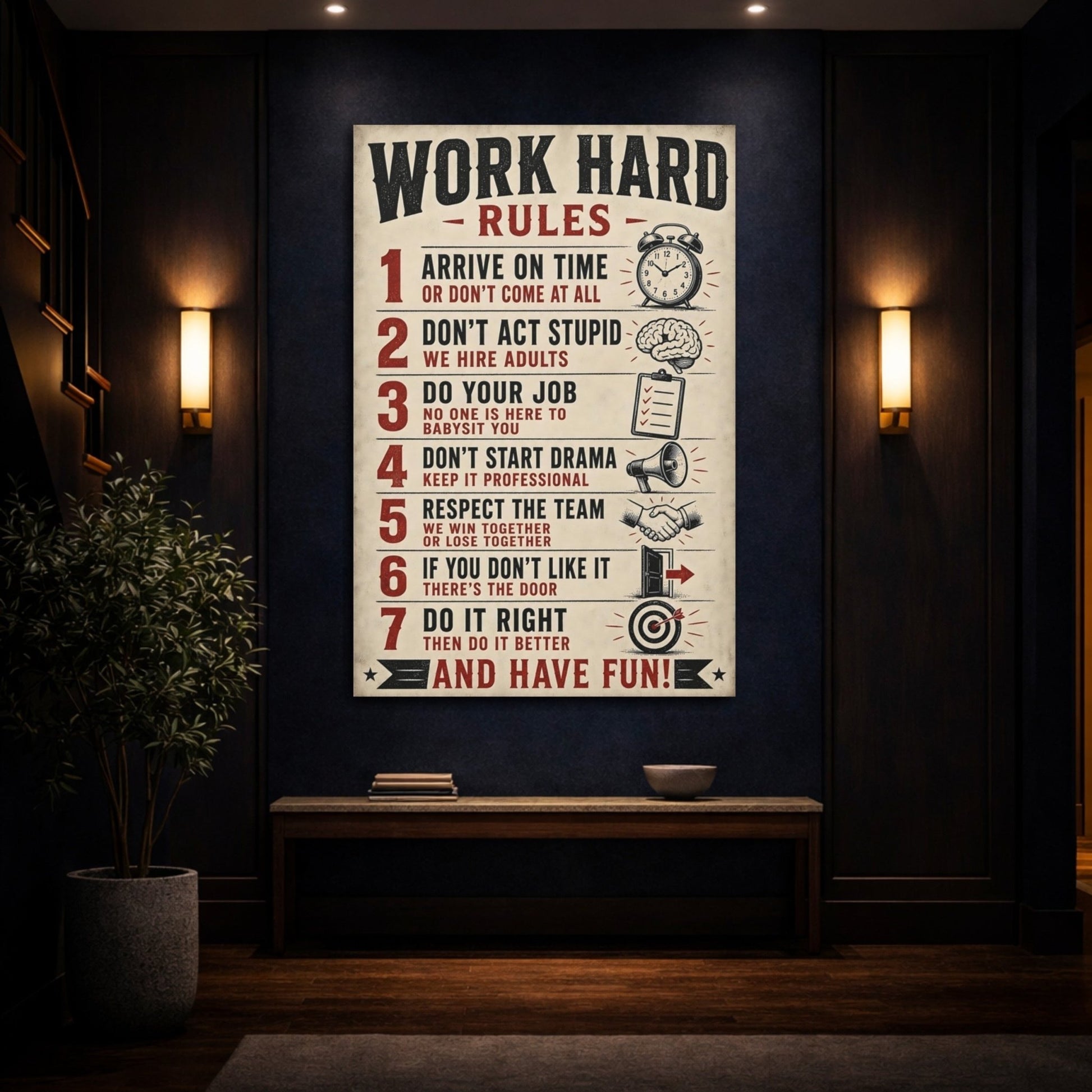 Funny Work Rules Black Red Text Canvas Print – Office, Study Area - YesArtYes