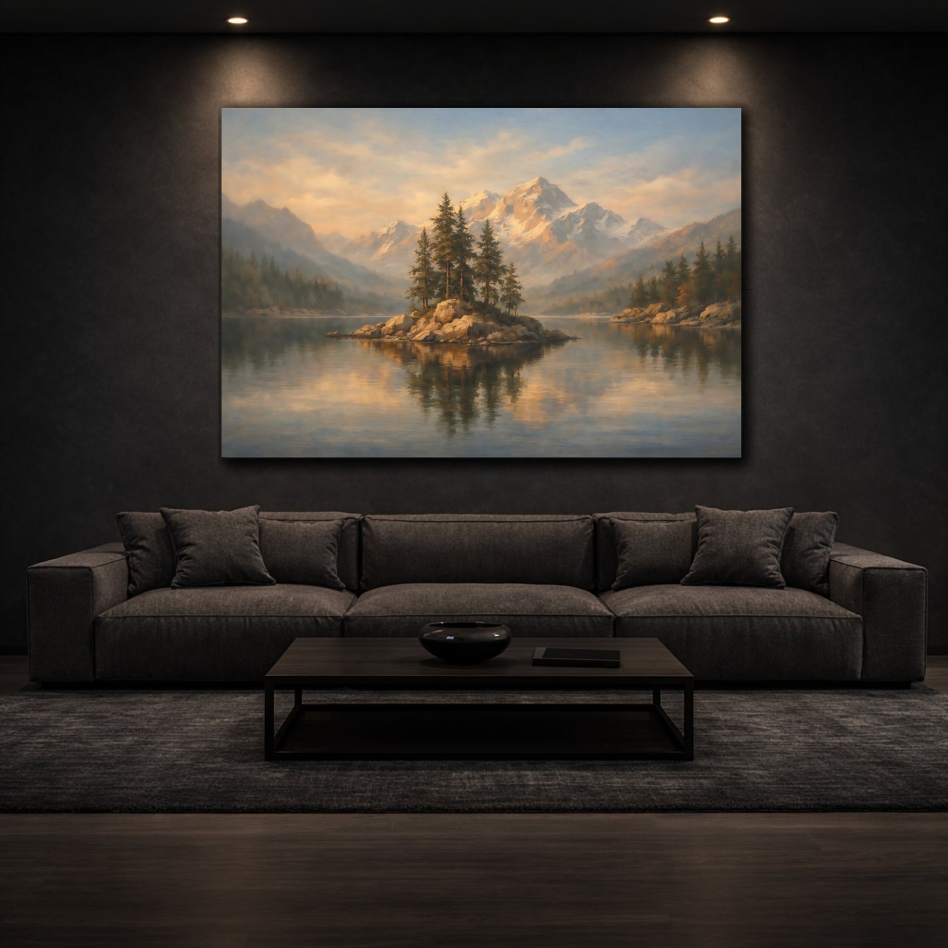 Mockup 2. Gallery Style Curtain Framed Light Scene shown as stretched canvas wall art