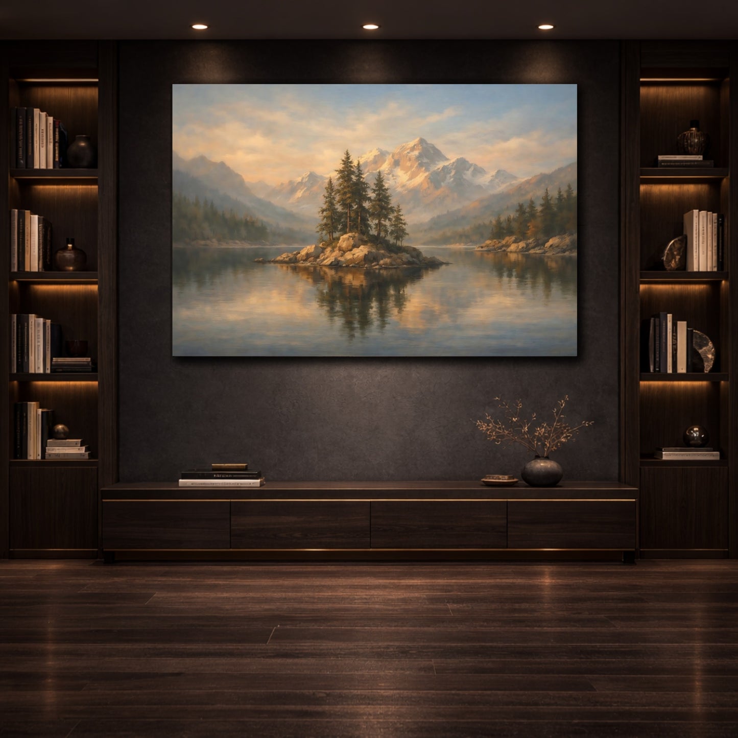 Mockup 3. Gallery Style Curtain Framed Light Scene shown as stretched canvas wall art