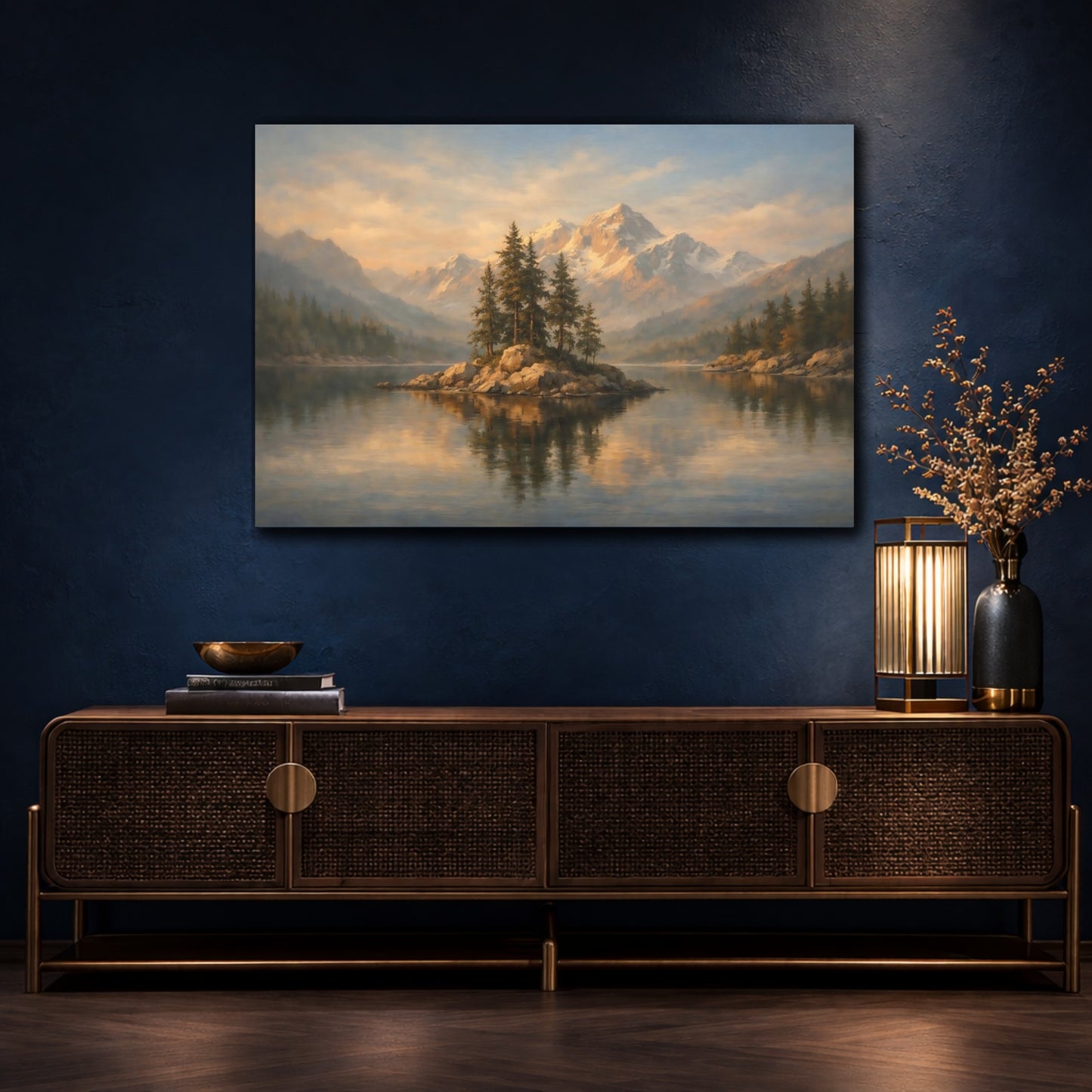 Mockup 4. Gallery Style Curtain Framed Light Scene shown as stretched canvas wall art