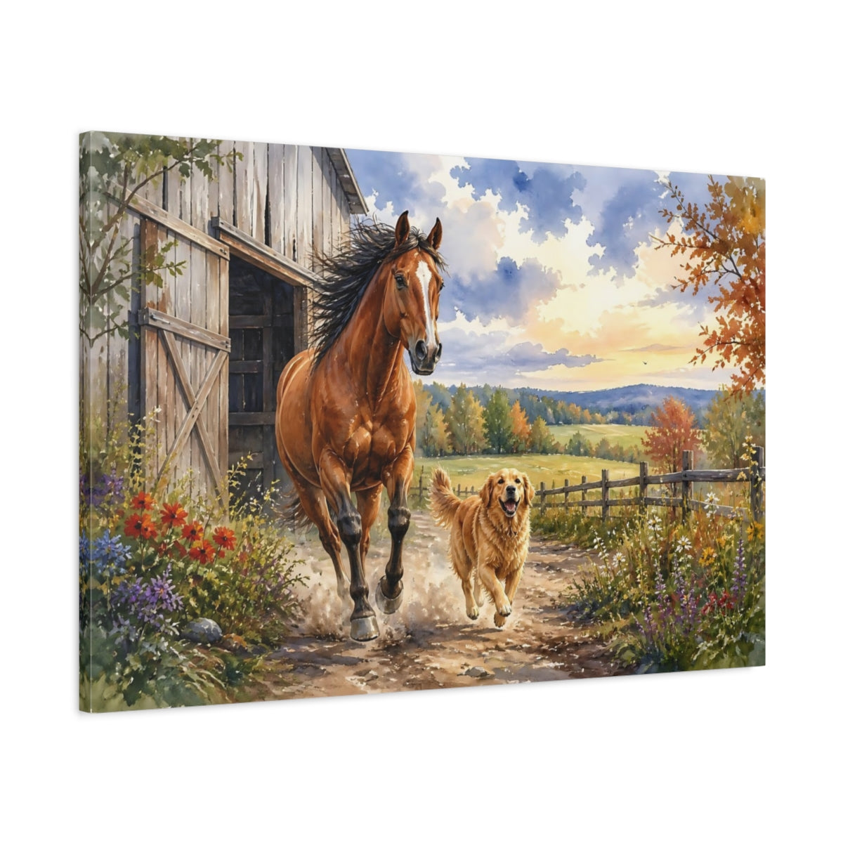 Main Mockup. Galloping Horse And Dog shown as canvas print