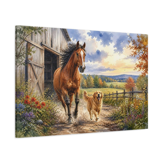 Main Mockup. Galloping Horse And Dog shown as canvas print