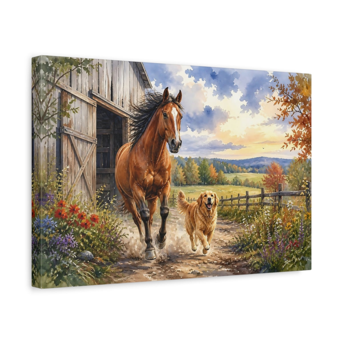 Side Mockup 4. Galloping Horse And Dog shown as canvas print
