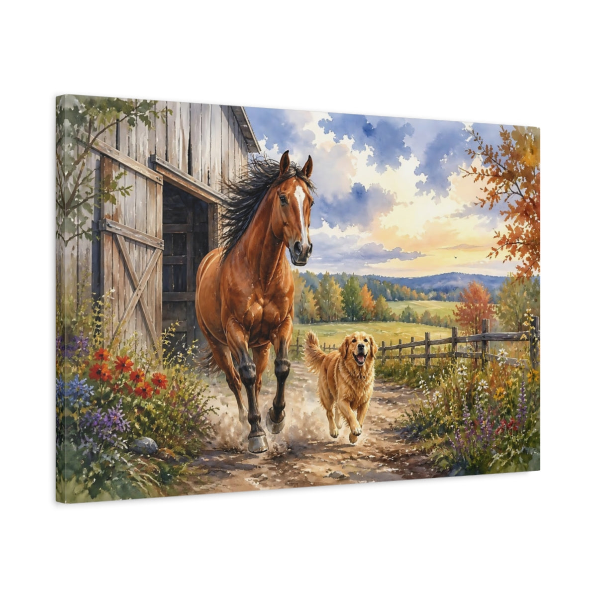 Side Mockup 2. Galloping Horse And Dog shown as canvas print
