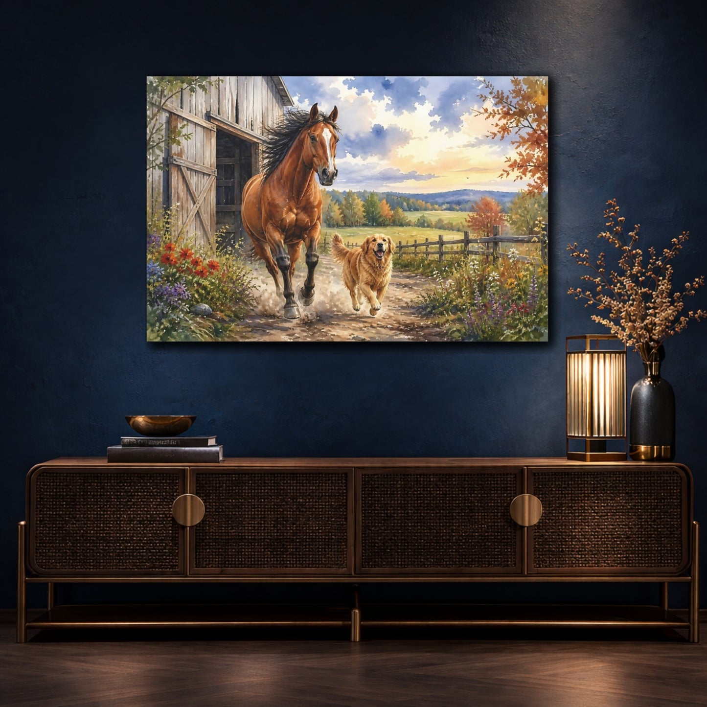 Mockup 4. Galloping Horse And Dog shown as canvas print