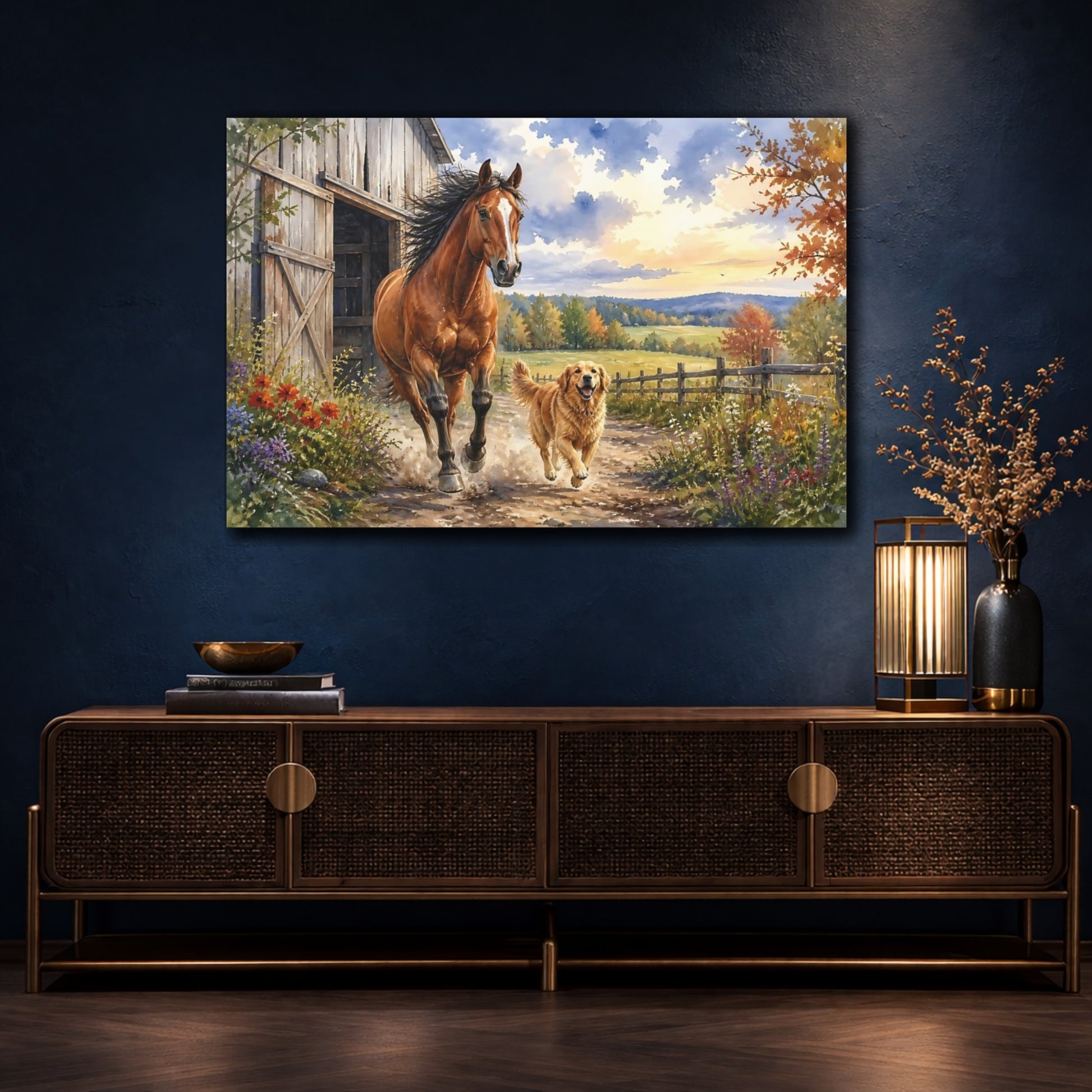Mockup 4. Galloping Horse And Dog shown as canvas print