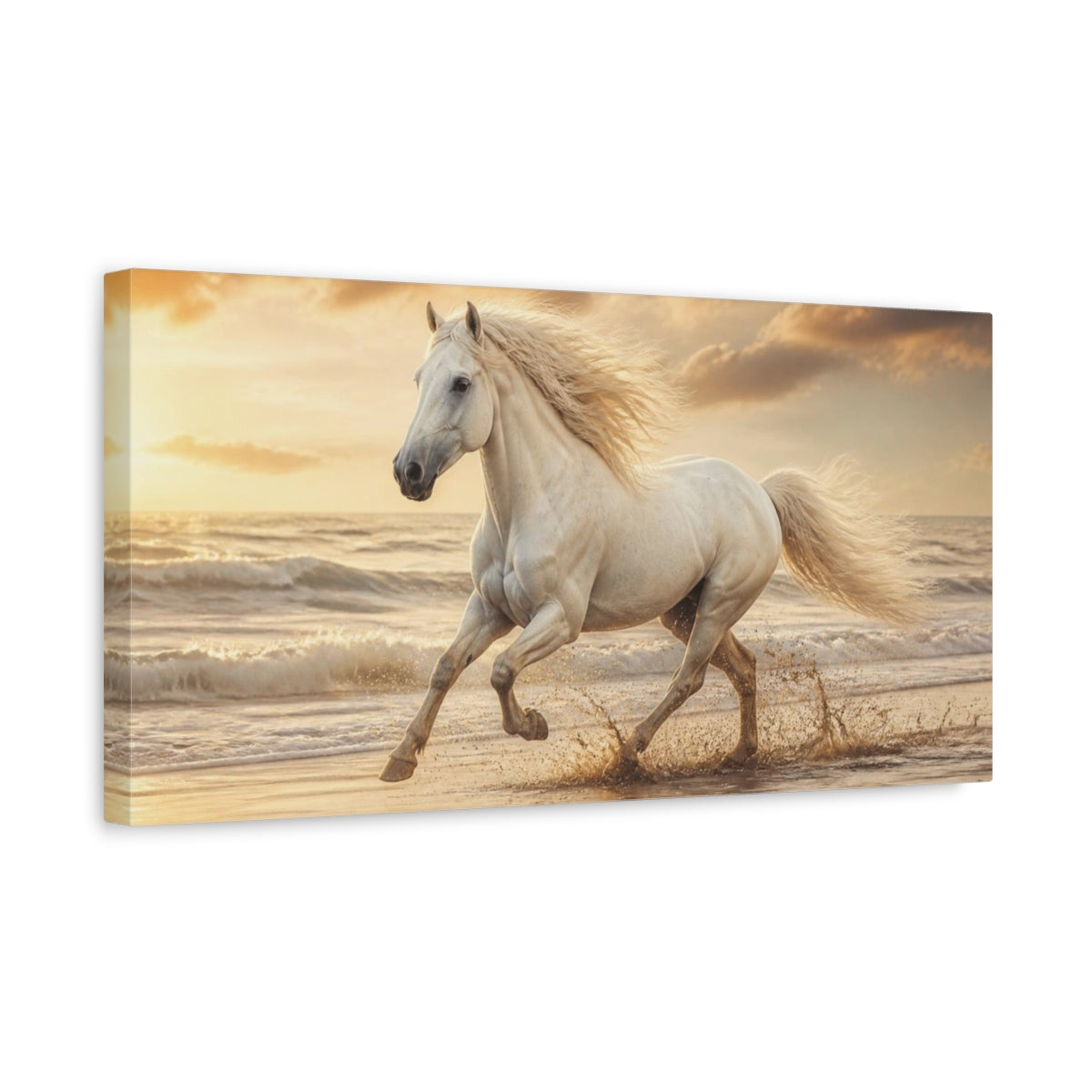 Side Mockup 3. Galloping White Horse Animals shown as canvas print