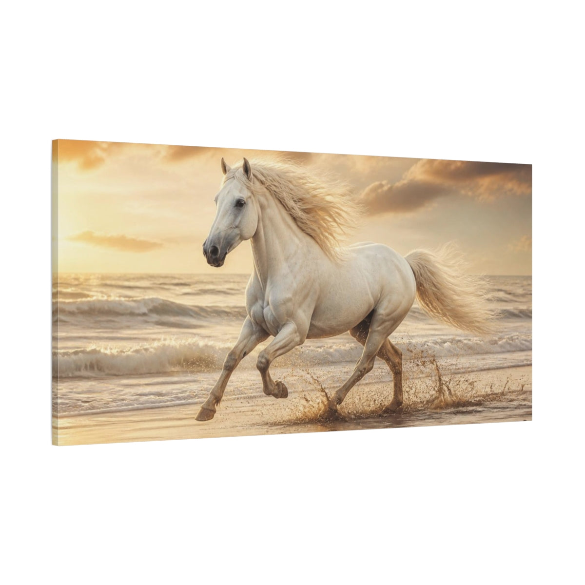 Side Mockup 2. Galloping White Horse Animals shown as canvas print