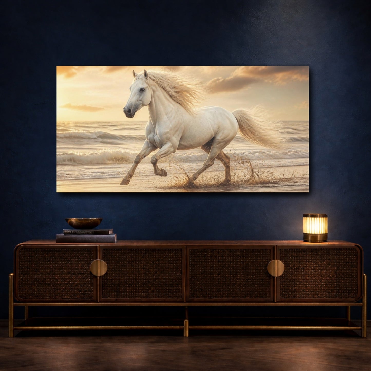 Mockup 4. Galloping White Horse Animals shown as canvas print