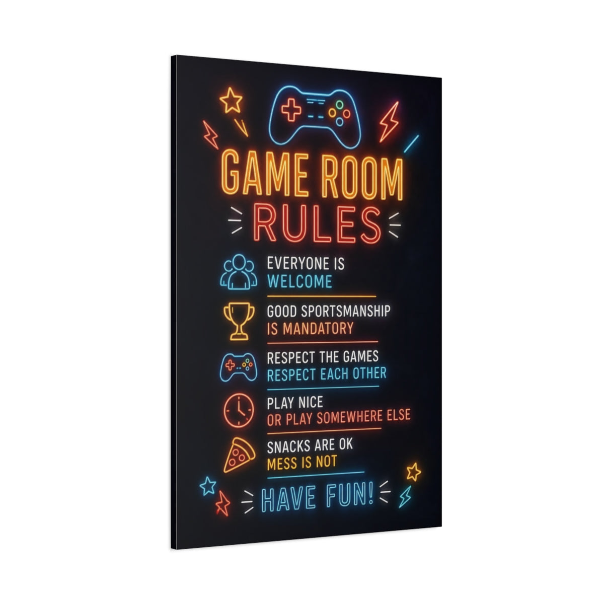 Side Mockup 1. Game Room Quotes shown as canvas print