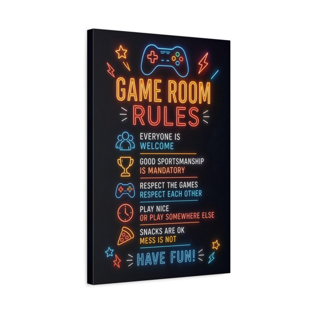 Side Mockup 3. Game Room Quotes shown as canvas print
