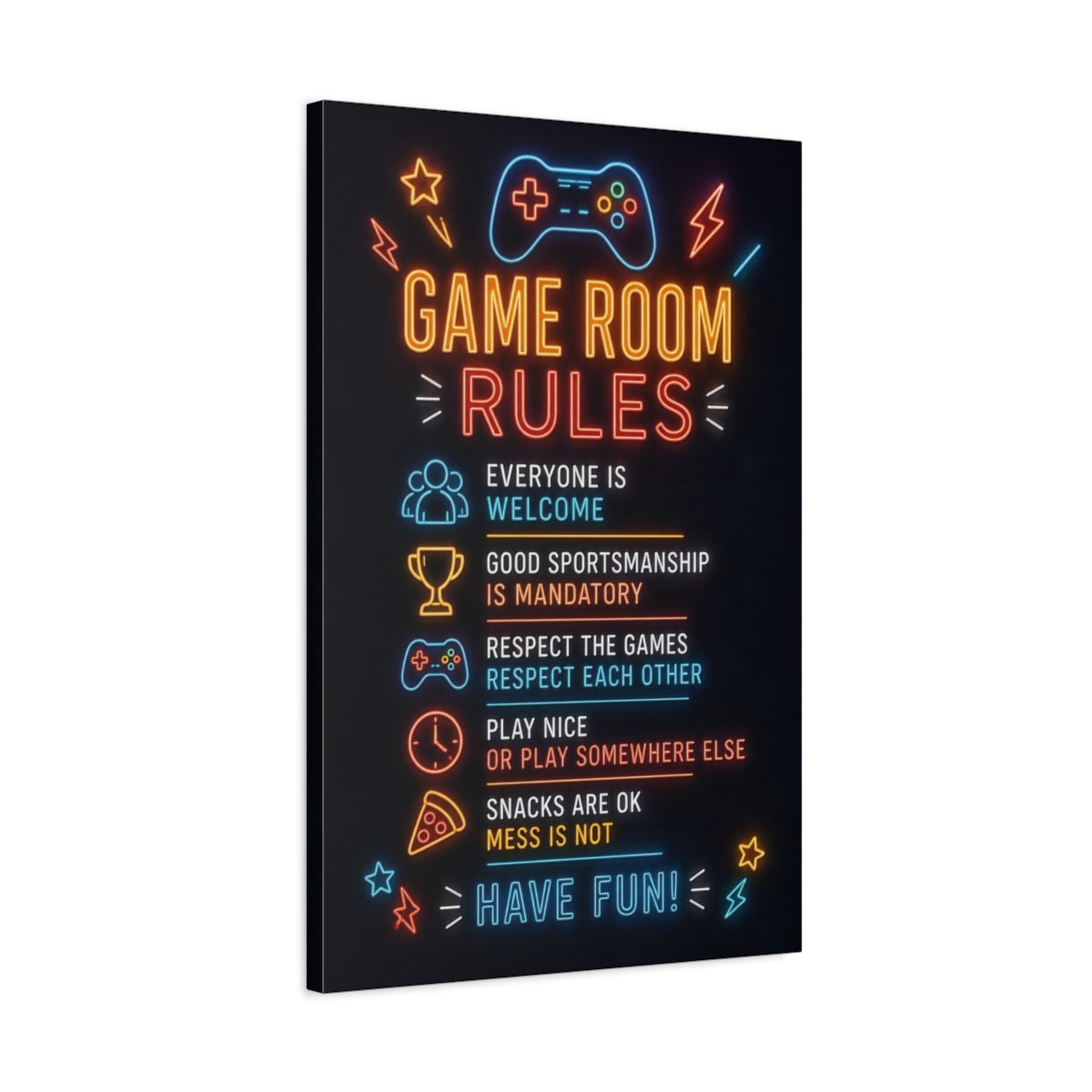 Side Mockup 2. Game Room Quotes shown as canvas print