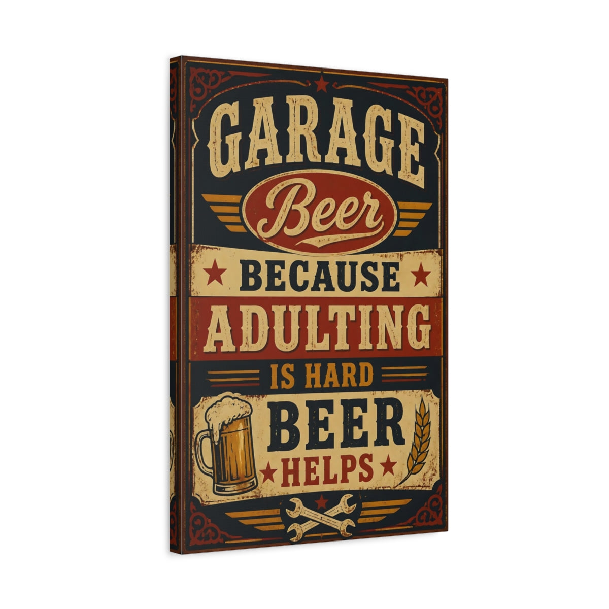 Side Mockup 3. Garage Beer Quotes Sign shown as canvas print