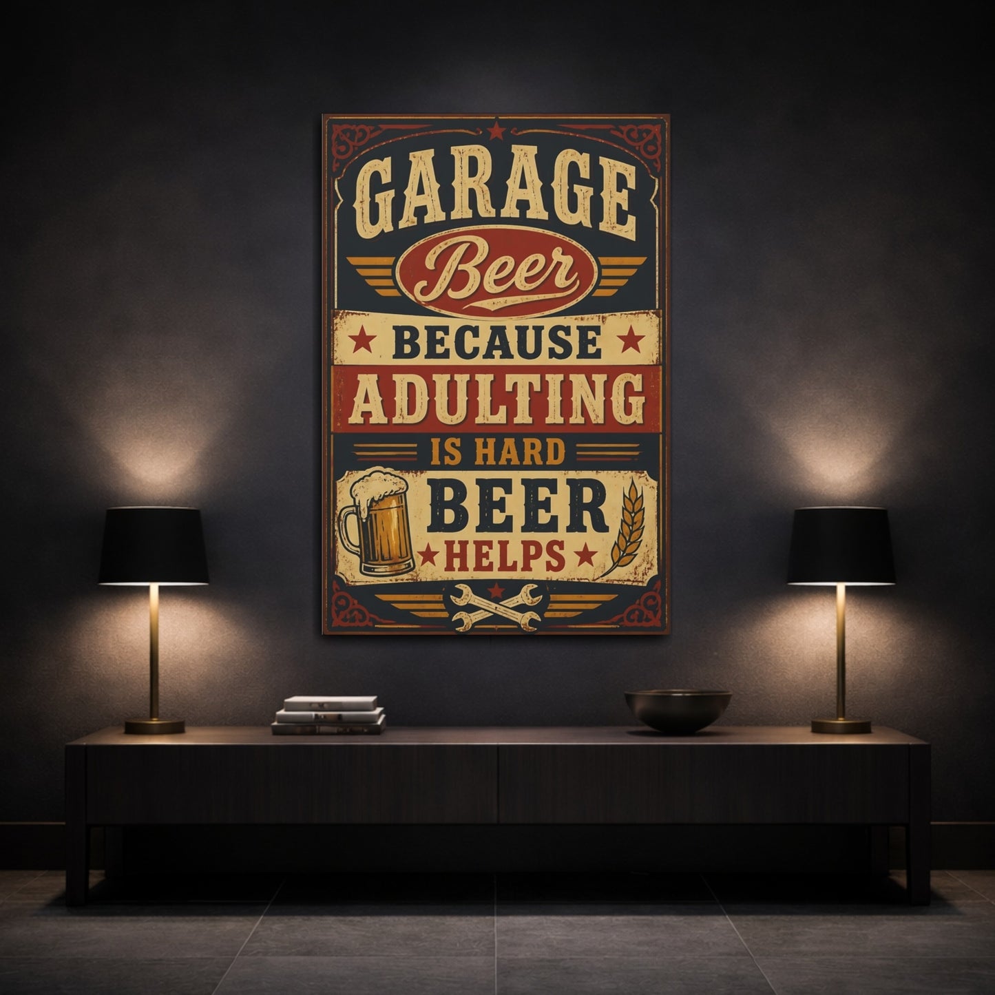 Mockup 3. Garage Beer Quotes Sign shown as canvas print