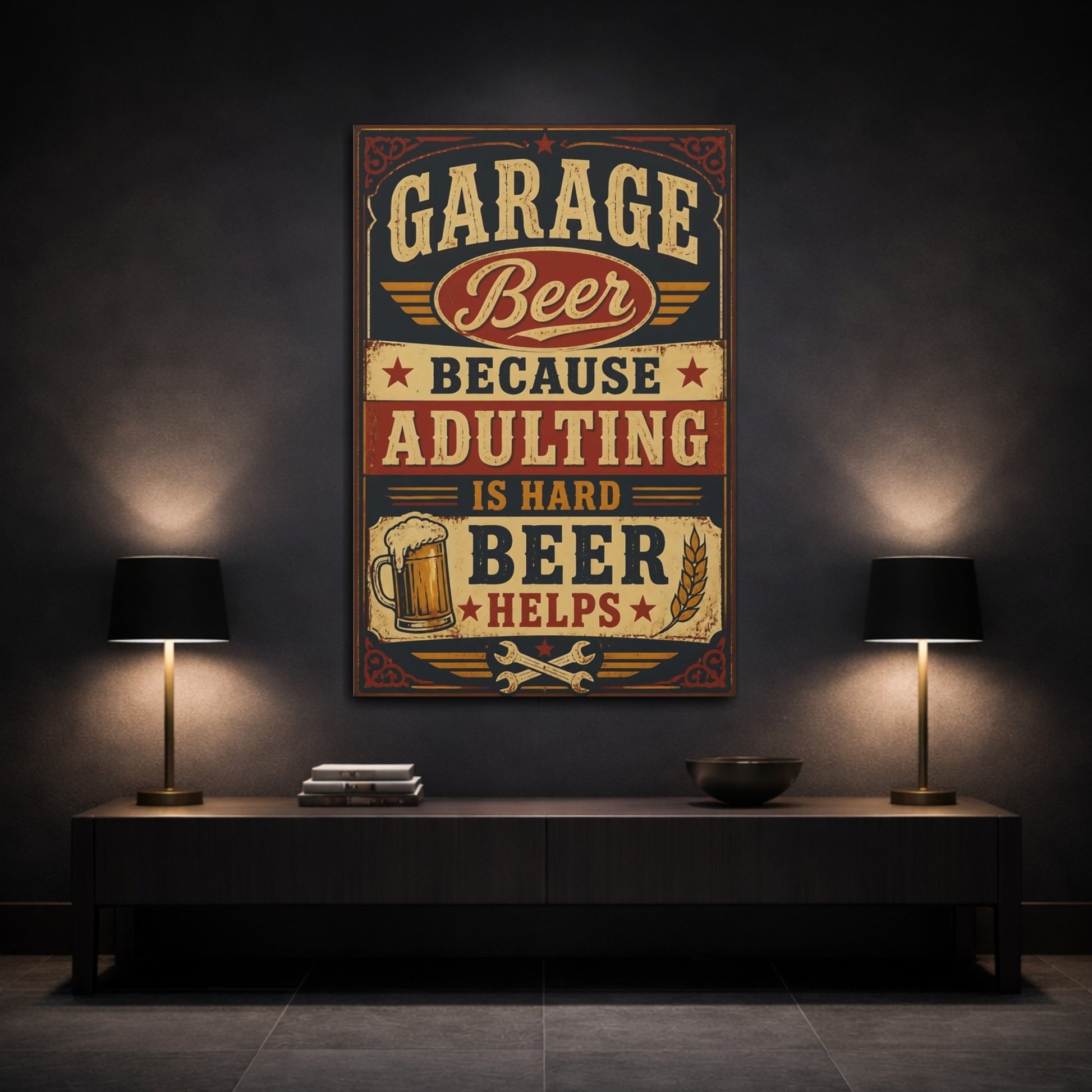 Mockup 3. Garage Beer Quotes Sign shown as canvas print