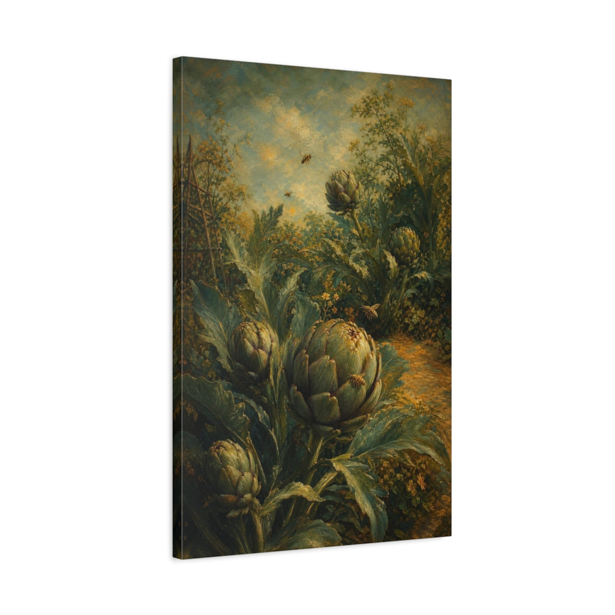 Side Mockup 2. Garden Artichokes And Bees shown as canvas print