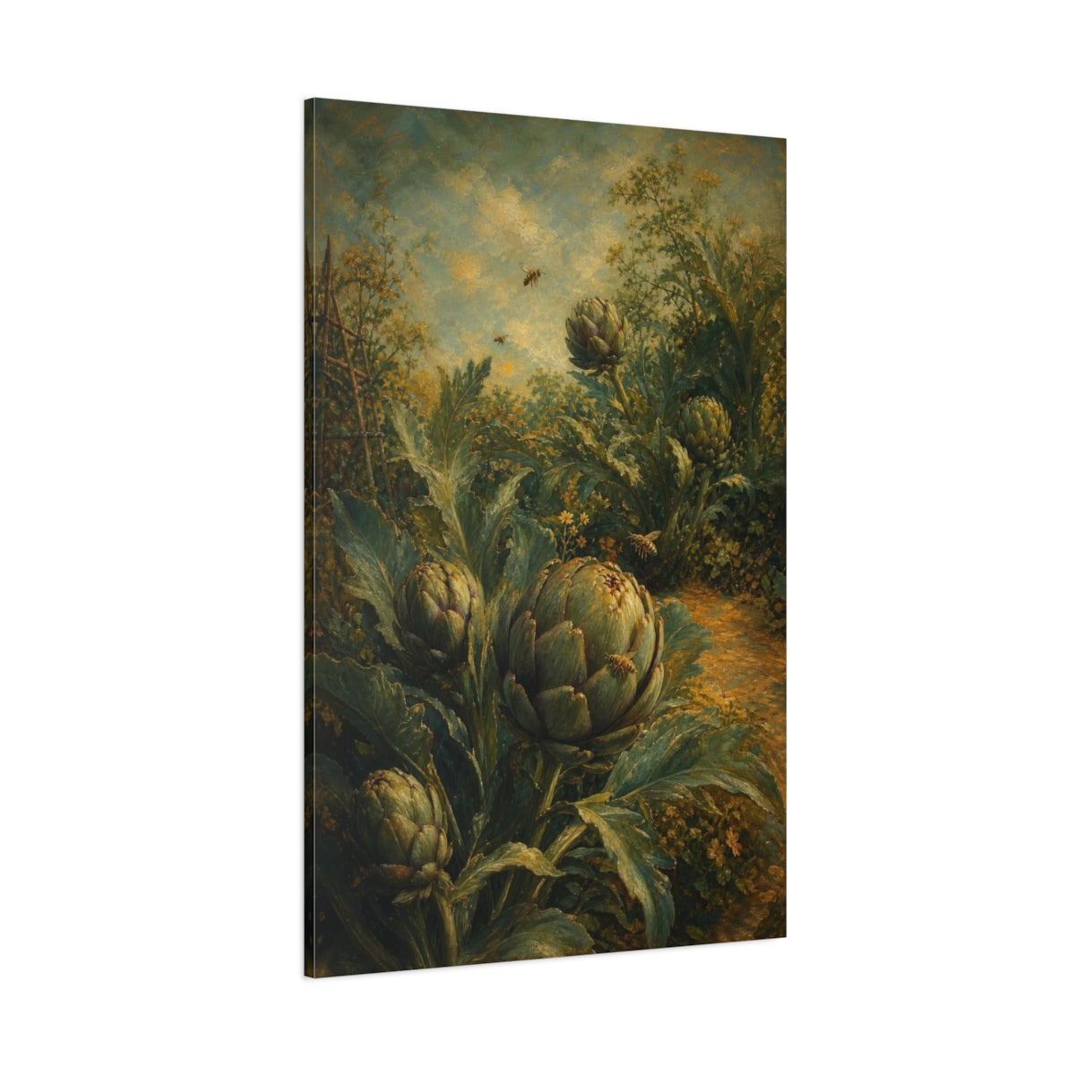 Side Mockup 1. Garden Artichokes And Bees shown as canvas print