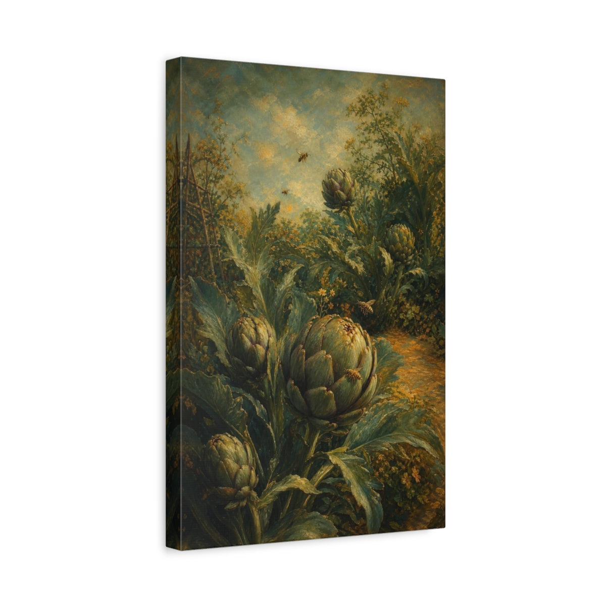 Side Mockup 4. Garden Artichokes And Bees shown as canvas print