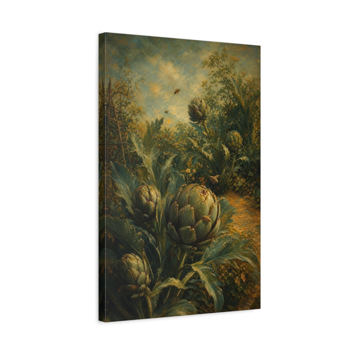 Side Mockup 3. Garden Artichokes And Bees shown as canvas print