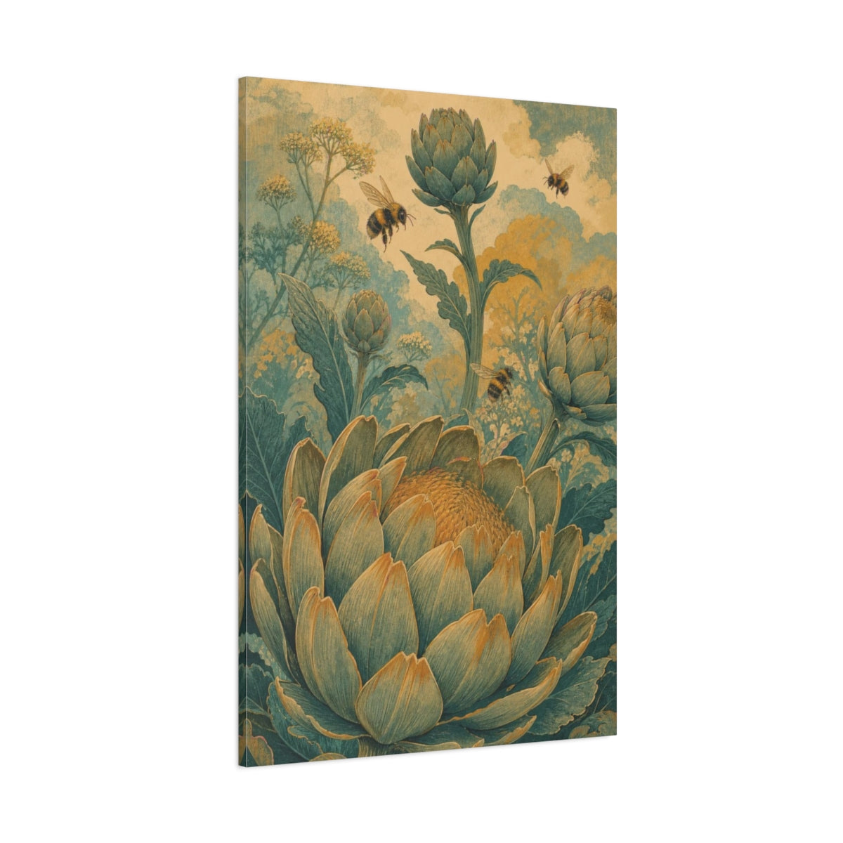 Side Mockup 1. Garden Artichokes And Bees shown as canvas print